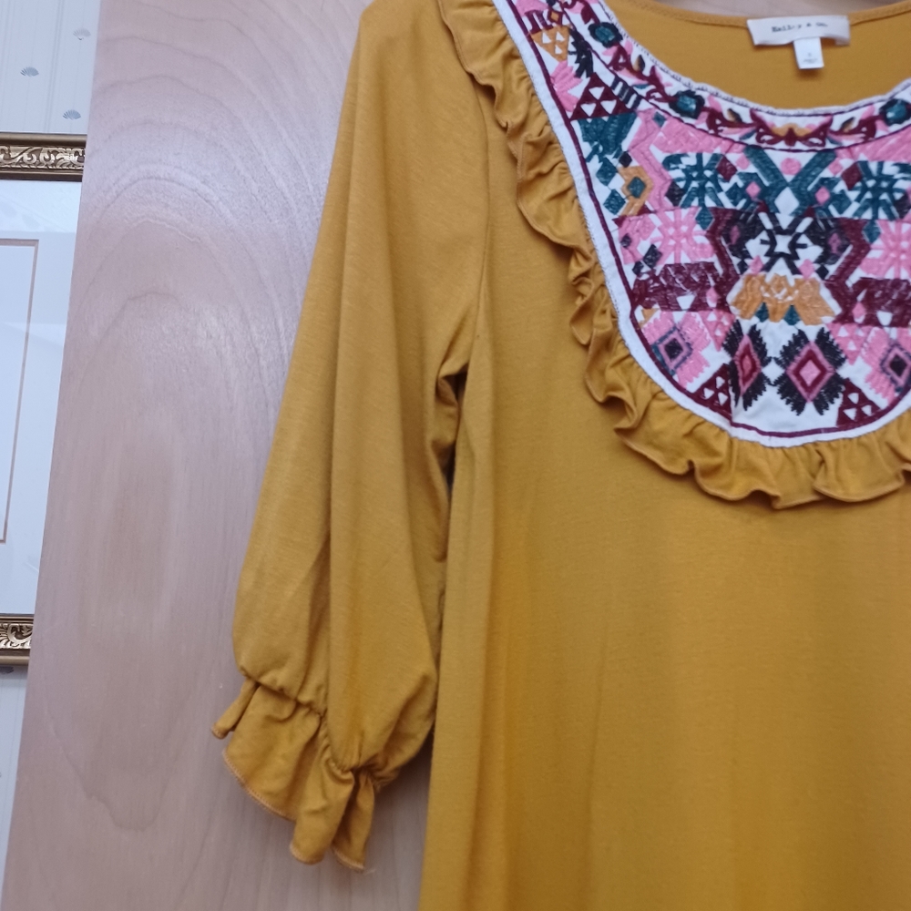 Yellow Boho Ruffle Embroidered Top S Boho Hailey … - image 2
